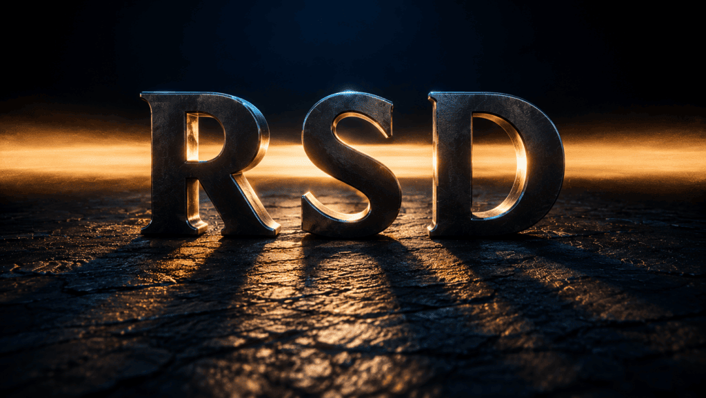 Sculpted gunmetal letters spelling RSD on slate, with a beam of amber light passing through and leaving undiminished