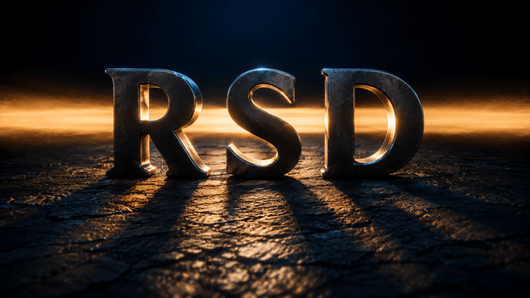 Sculpted gunmetal letters spelling RSD on slate, with a beam of amber light passing through and leaving undiminished