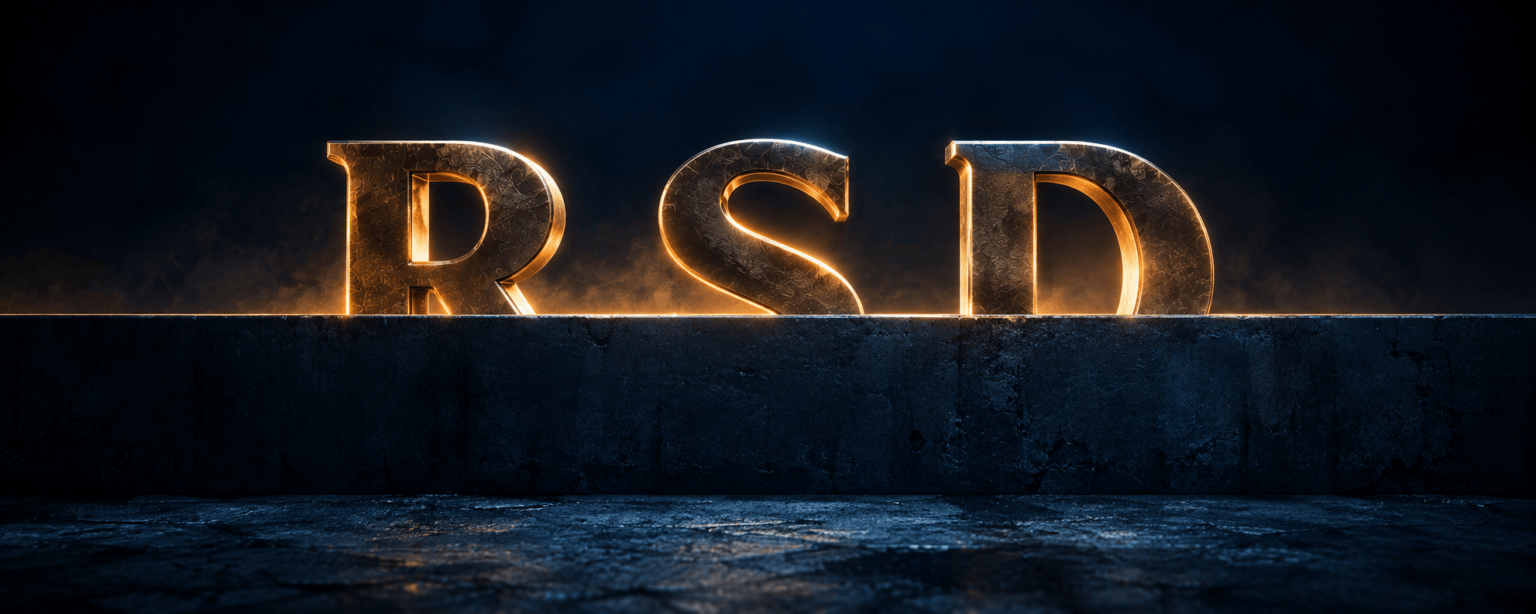 The RSD letterforms standing behind a low concrete barrier, lit amber above it and in cold blue shadow below