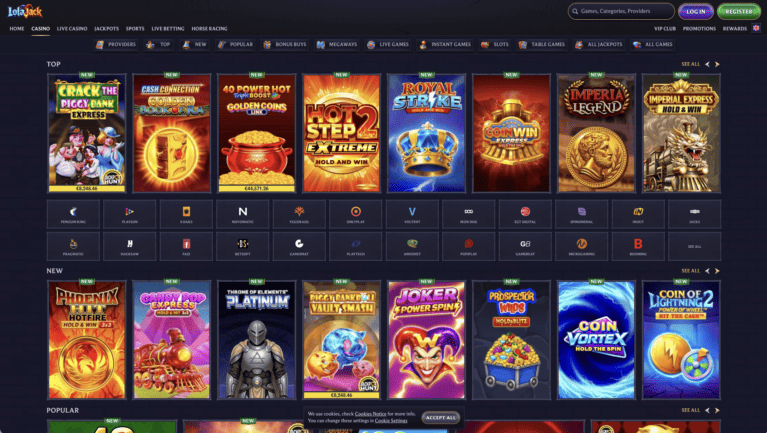 LolaJack Casino slots lobby with the provider filter open