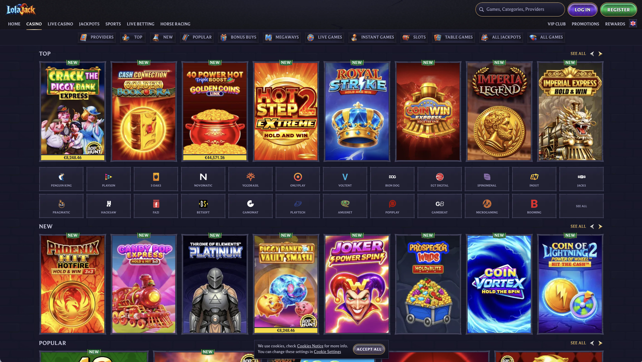 LolaJack Casino slots lobby with the provider filter open