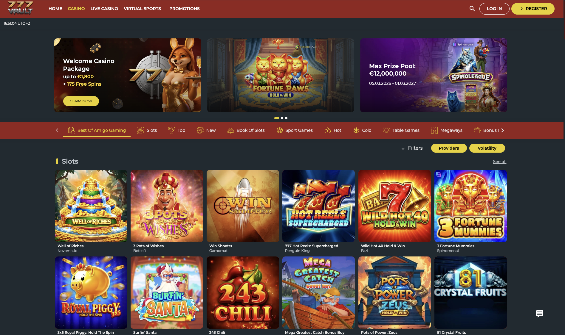 Slots lobby with the category rows and demo buttons
