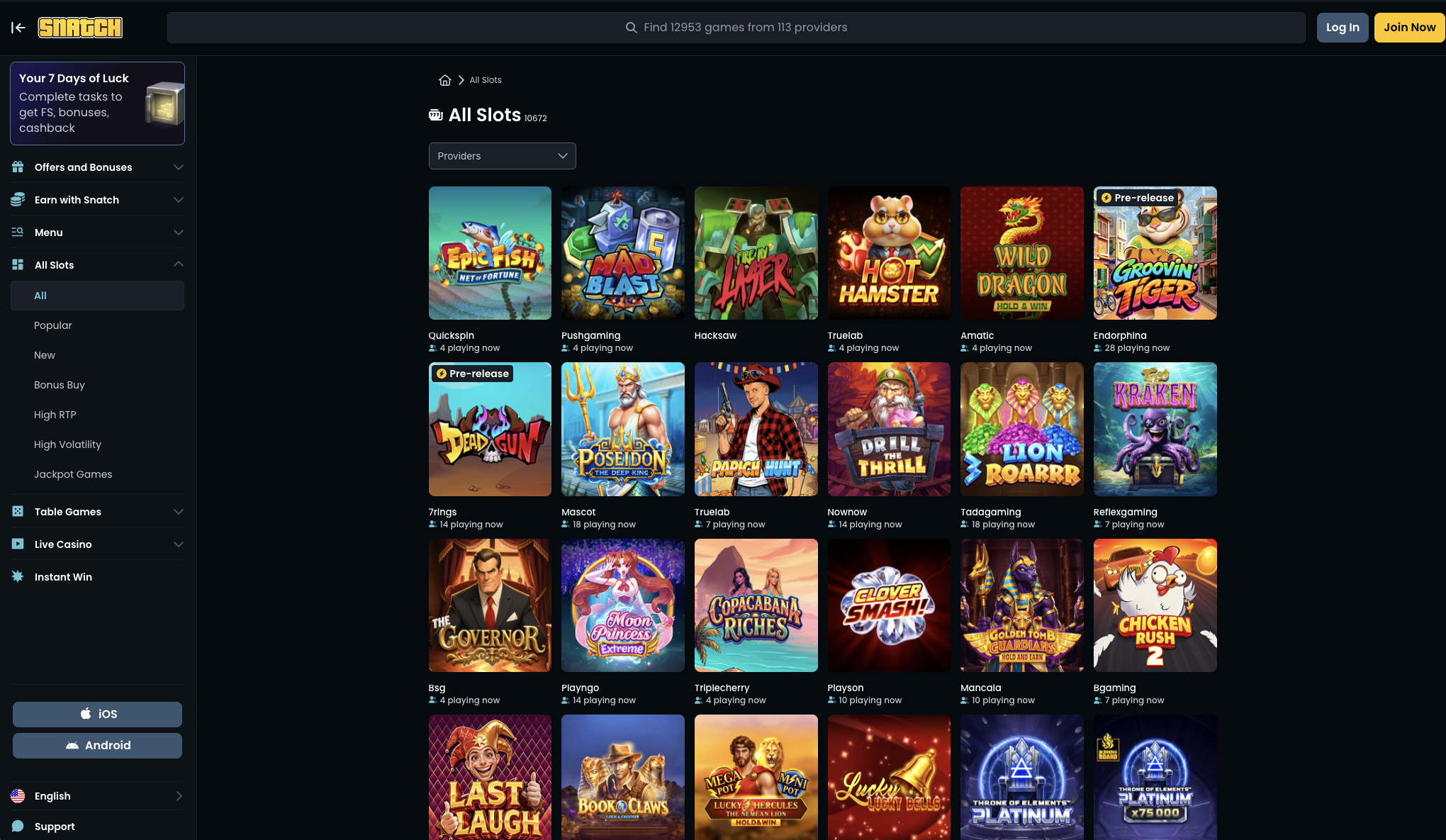 Slots lobby with the provider filter and the Legendary Hits row