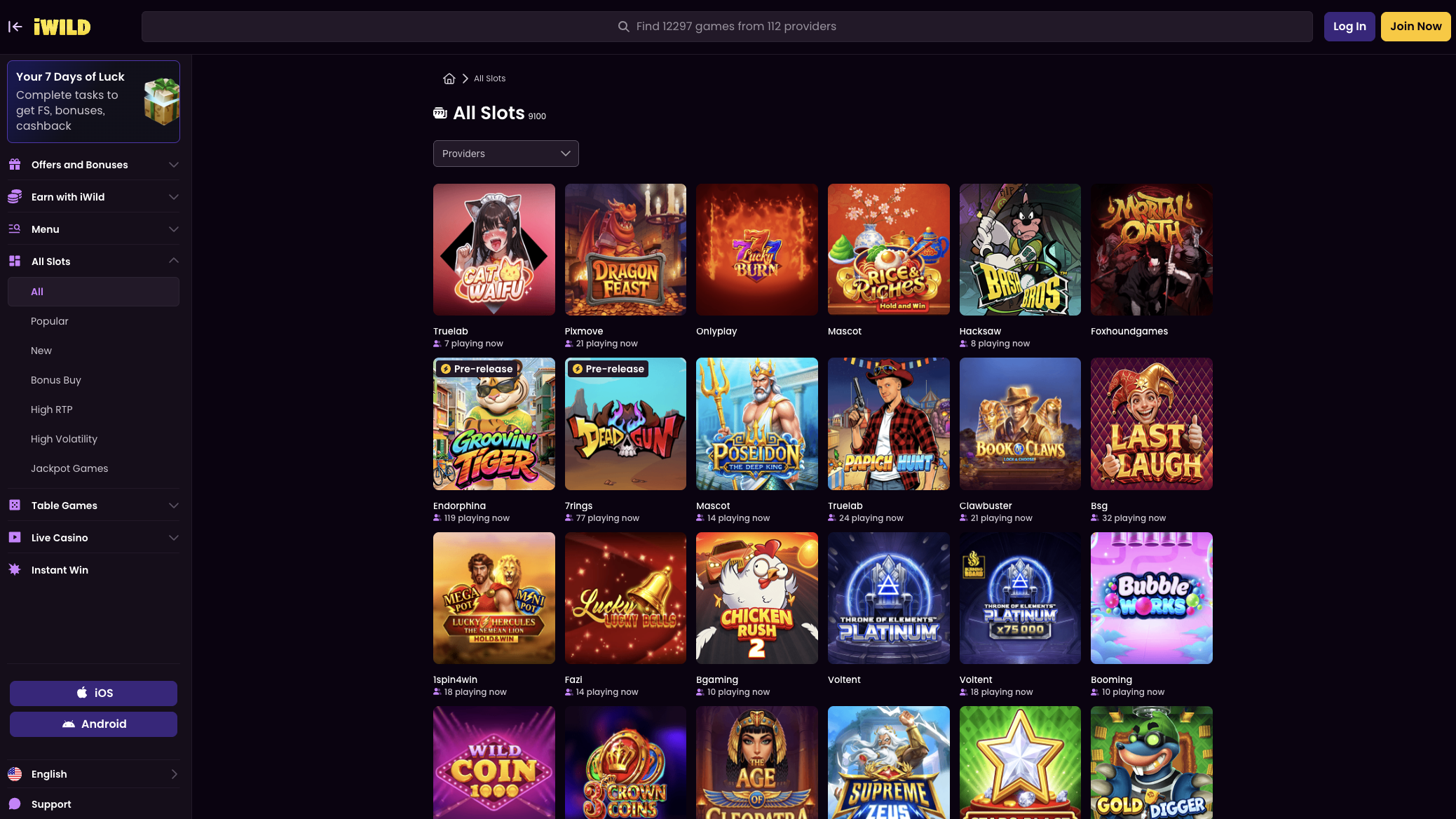 Slots lobby with the provider filter and the Legendary Hits row