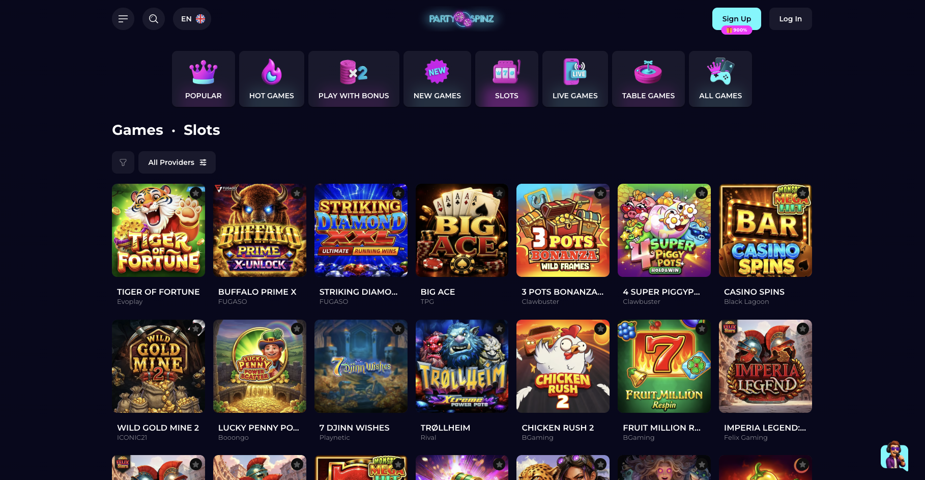 Slots lobby with themed game categories and a provider filter