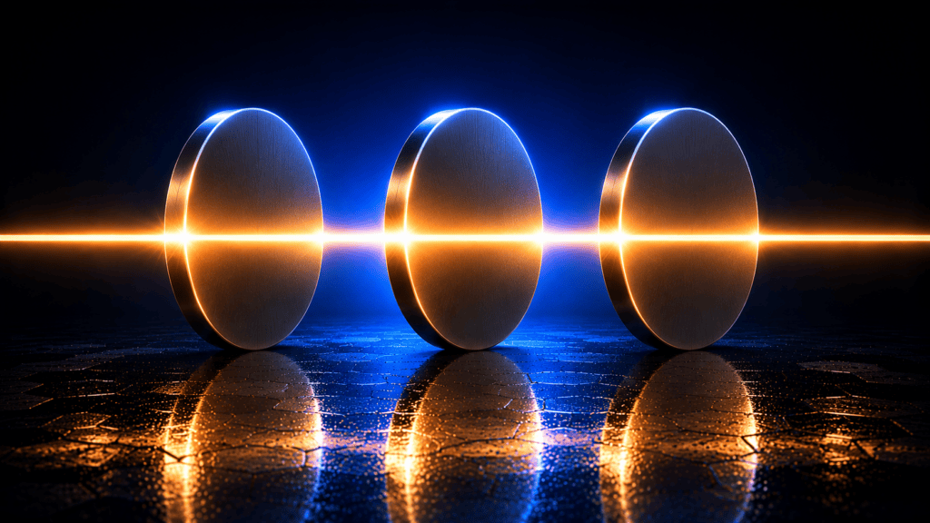 Three polished metal coins standing on edge, lit by a warm amber beam passing across them, on a dark reflective floor