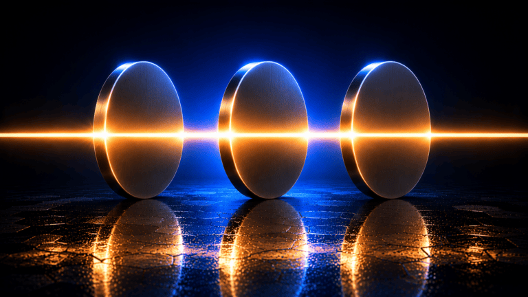 Three polished metal coins standing on edge, lit by a warm amber beam passing across them, on a dark reflective floor