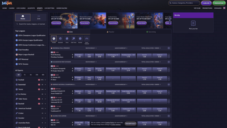 Sportsbook with football markets and live betting