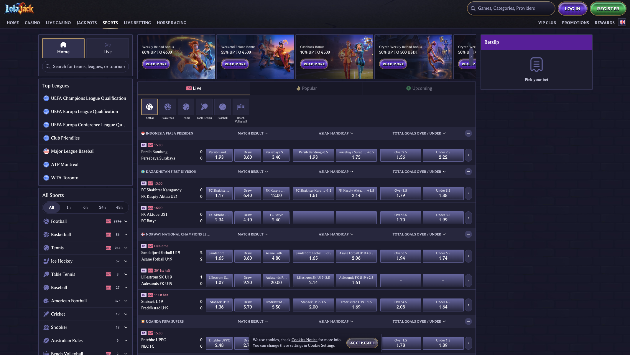 Sportsbook with football markets and live betting