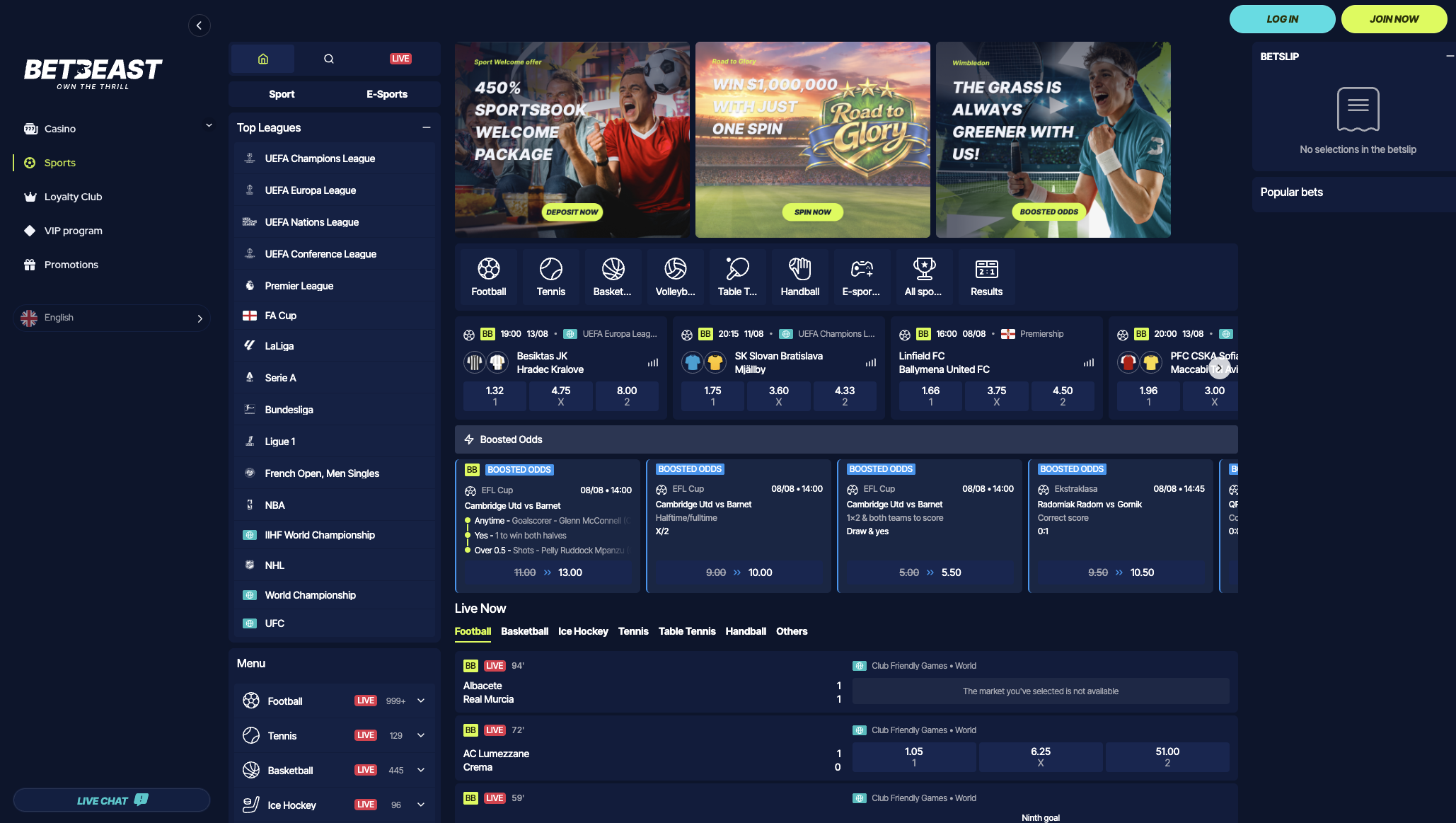 Sportsbook with live markets and the bet slip