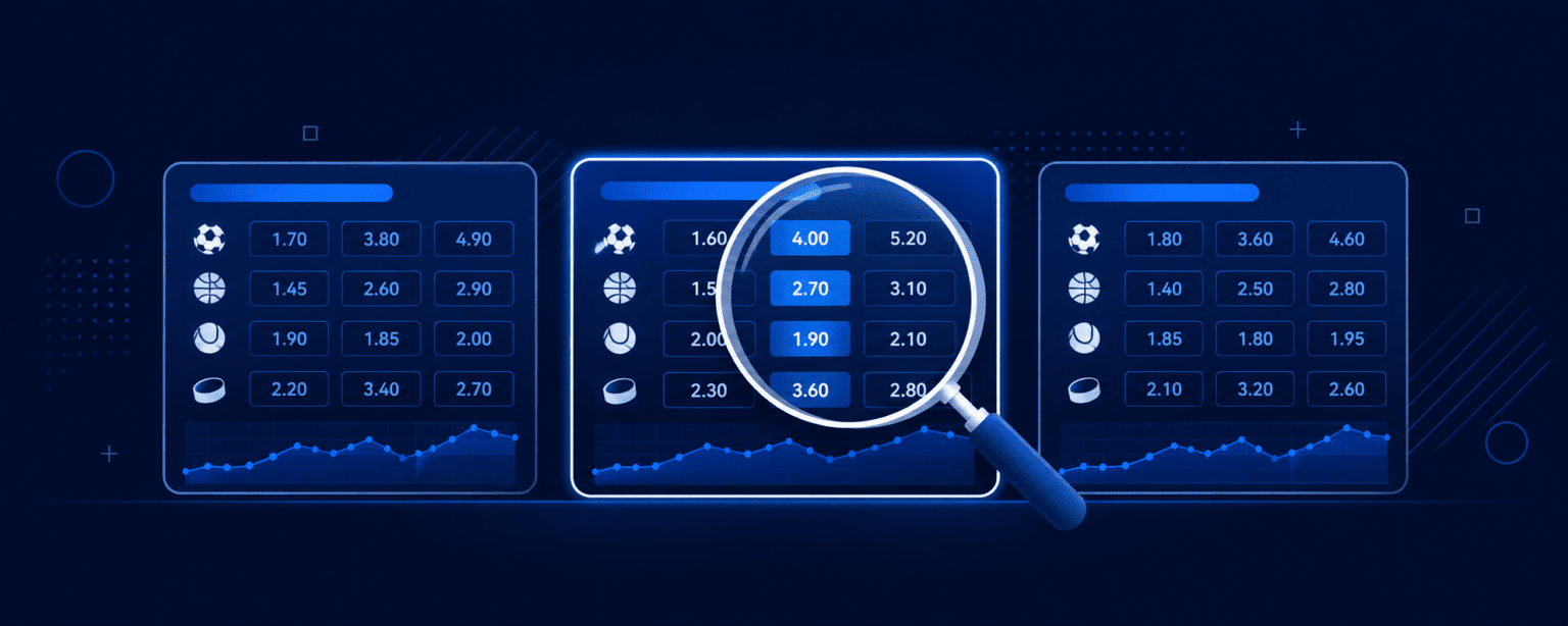 Three bookmaker panels showing the same markets at different odds with a magnifying glass over the middle one