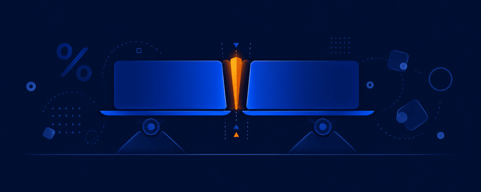 Two balanced blue bars with a thin orange slice between them representing the bookmaker margin
