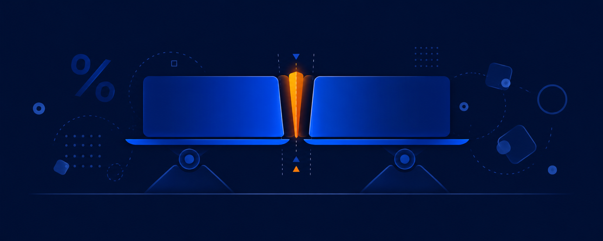 Two balanced blue bars with a thin orange slice between them representing the bookmaker margin