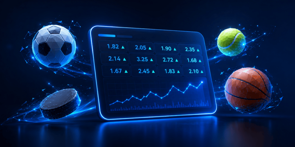 Illustration of betting odds screens surrounded by football, basketball, tennis and ice hockey icons