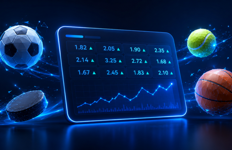 Illustration of betting odds screens surrounded by football, basketball, tennis and ice hockey icons
