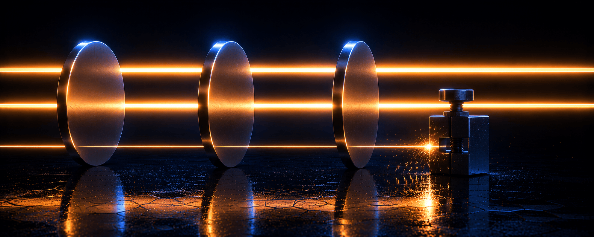 Three rails of light running past metal coins, two continuing unbroken and the third stopped dead by a locked metal clamp