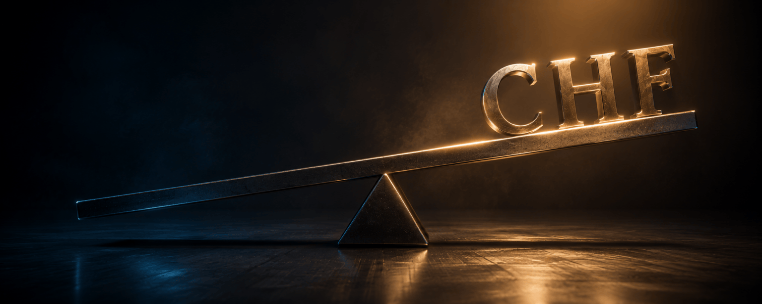 The CHF letterforms standing on the raised end of a heavy balance beam, glowing amber while the empty end sits low in shadow