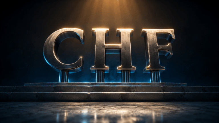 Sculpted nickel letters spelling CHF raised on pedestals above polished granite, lit from above in amber