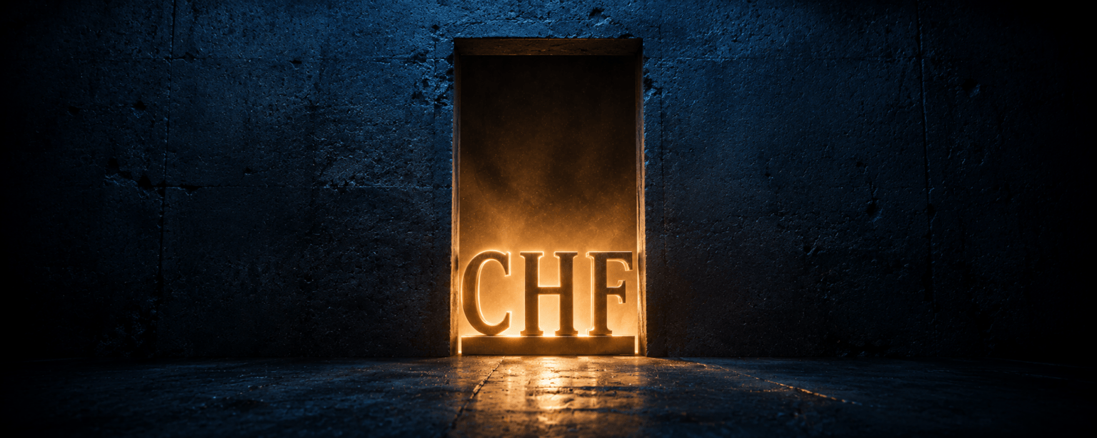 The CHF letterforms lit from behind in a narrow doorway cut through a thick concrete vault wall
