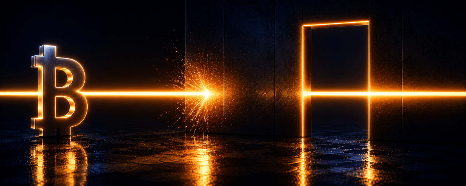 One beam passing through a lit doorway in a dark wall at full strength while a second beam beside it stops dead against the same wall in a burst of sparks