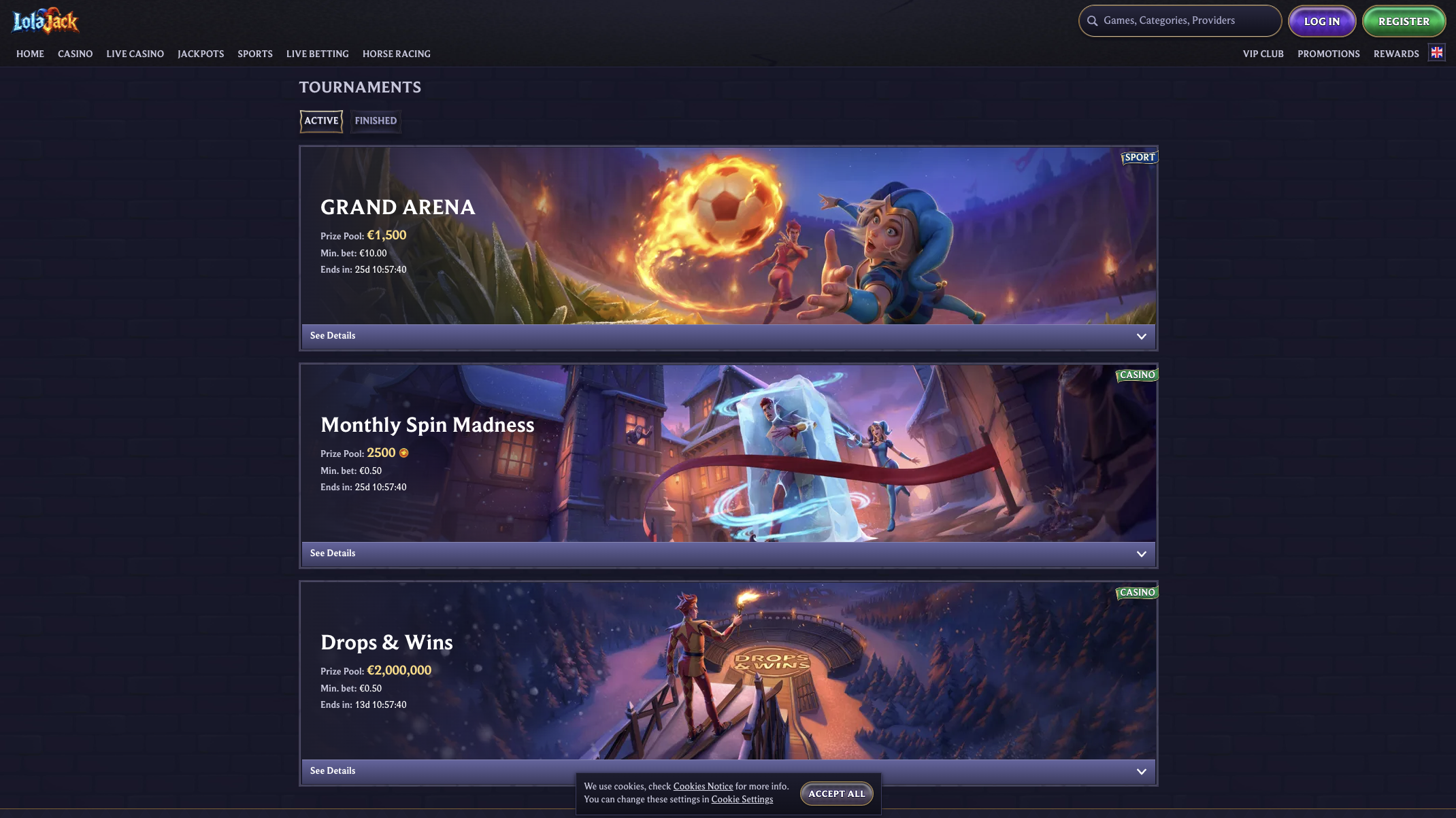 Tournament lobby with prize pools and leaderboards