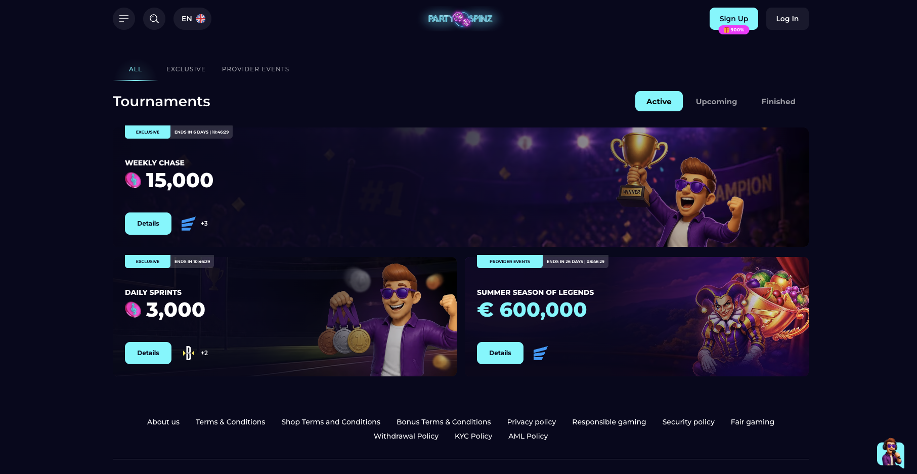 Tournaments page showing Weekly Chase and Daily Sprints prize pools