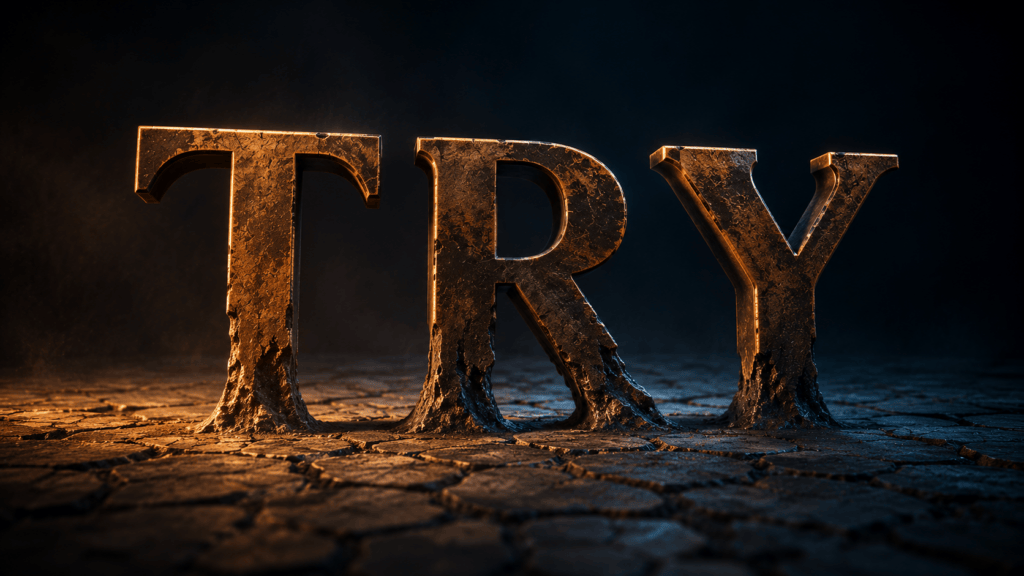 Sculpted copper letters spelling TRY on cracked dry earth, each one worn thinner at the base as though eroded from below