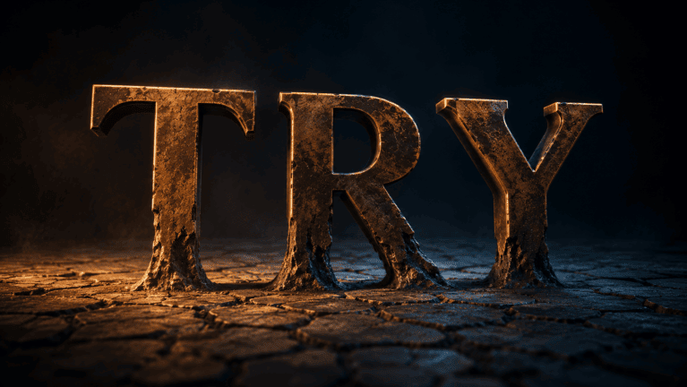 Sculpted copper letters spelling TRY on cracked dry earth, each one worn thinner at the base as though eroded from below