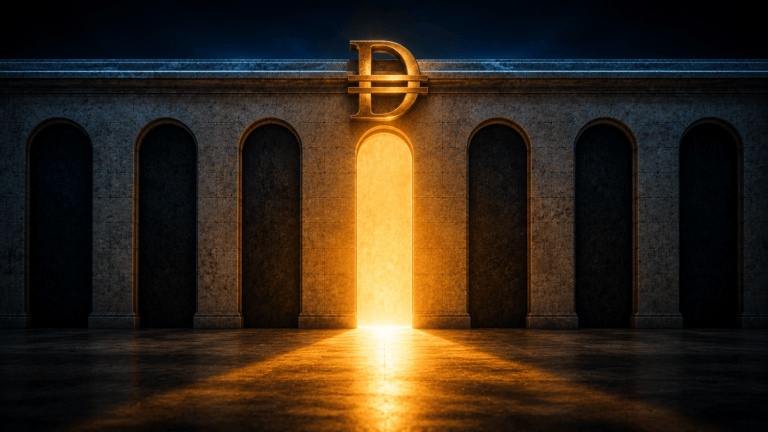 A limestone wall of sealed arches with a single open arch pouring warm light onto the floor