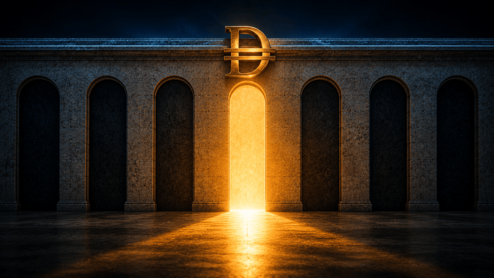 A limestone wall of sealed arches with a single open arch pouring warm light onto the floor