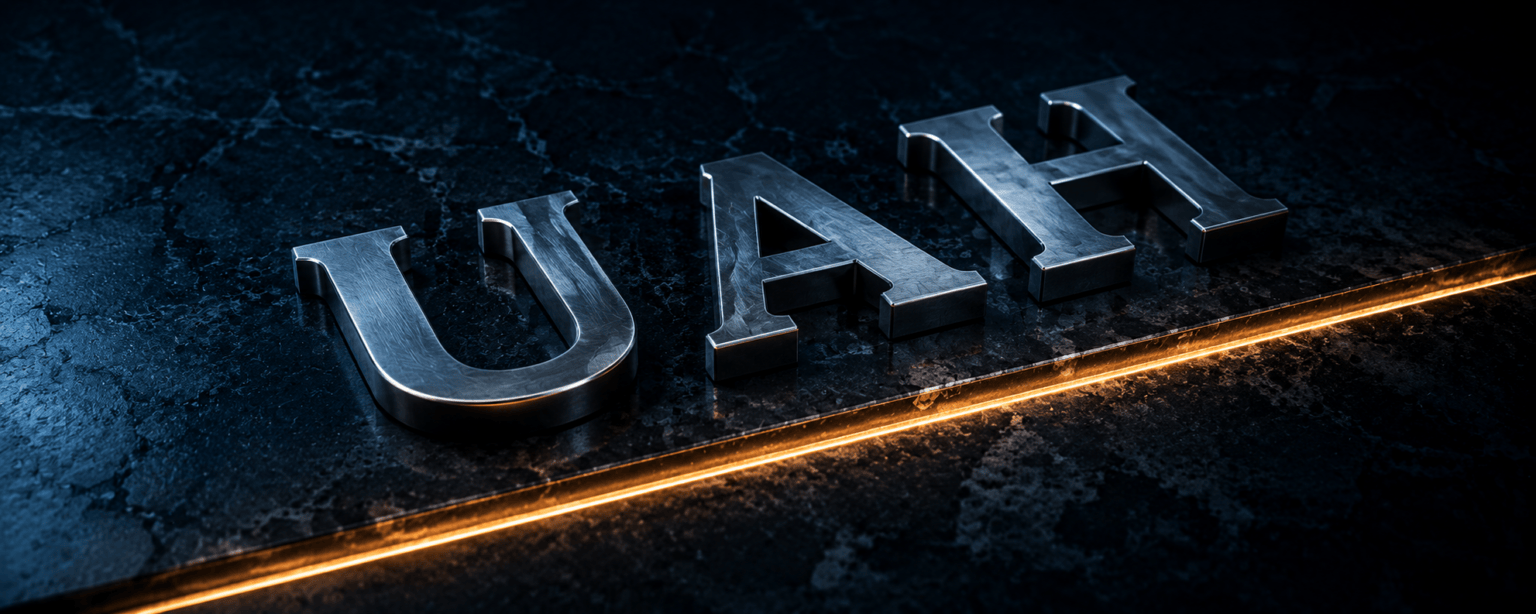 The UAH letterforms lying on granite with a cut channel in front of them carrying a thin stream of amber light away to one side
