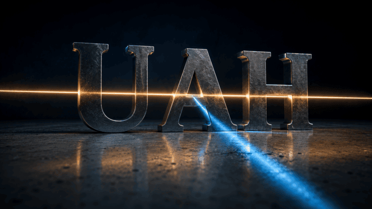 Sculpted steel letters spelling UAH on concrete, with a band of amber light crossing them and a narrow slice diverted away