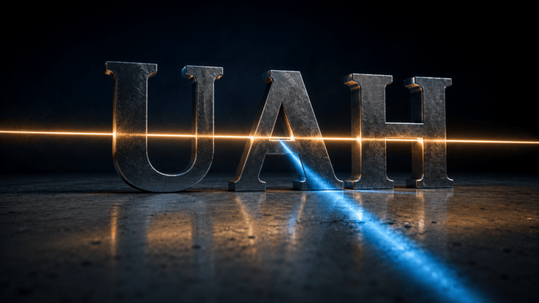 Sculpted steel letters spelling UAH on concrete, with a band of amber light crossing them and a narrow slice diverted away