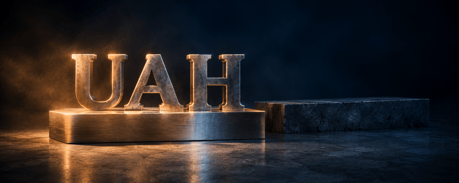 The UAH letterforms standing on a new lit steel plinth with an older cracked stone plinth behind them, empty and in shadow