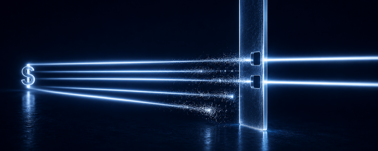 Beams of light meeting a translucent barrier, two passing through openings at full brightness while the rest stop and scatter, illustrating state by state regulation