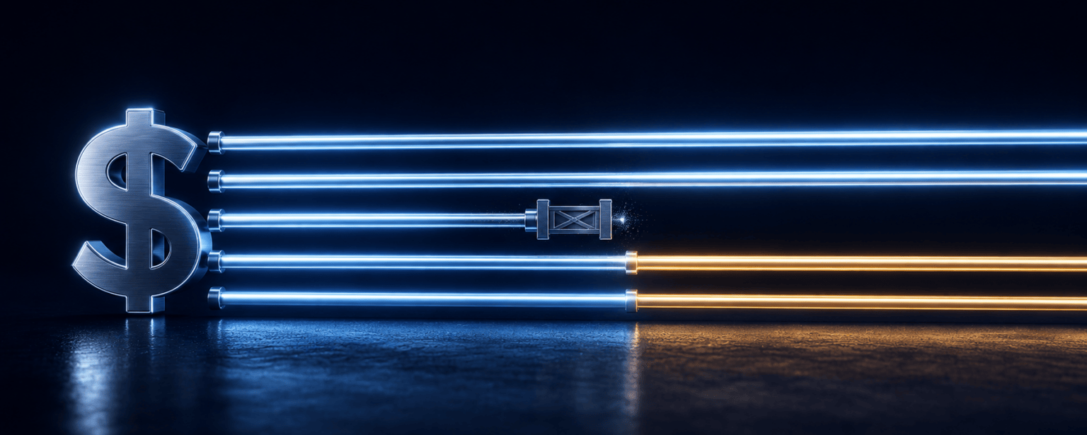 Five rails running from a dollar symbol, three unbroken, one blocked by a closed gate and one changing colour at a junction where a conversion happens