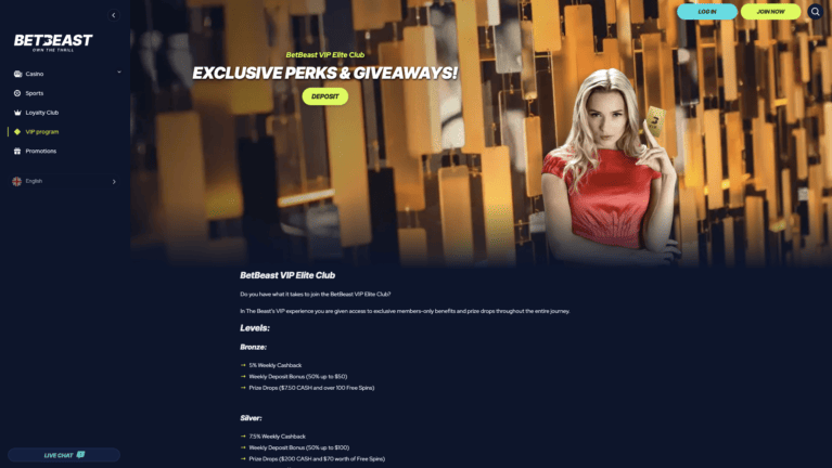 VIP programme page with higher deposit and withdrawal limits