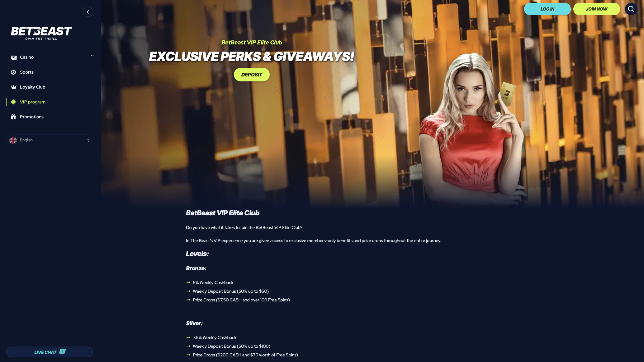 VIP programme page with higher deposit and withdrawal limits