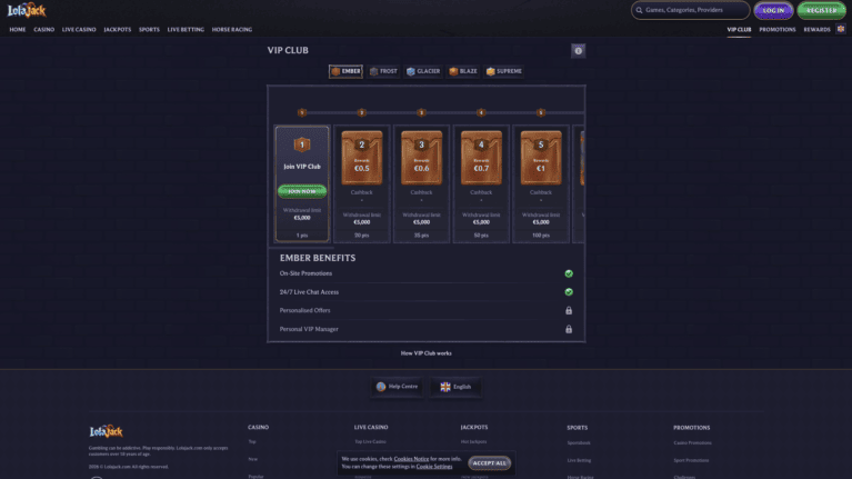 LolaJack Casino VIP ladder showing cashback and withdrawal limits by level