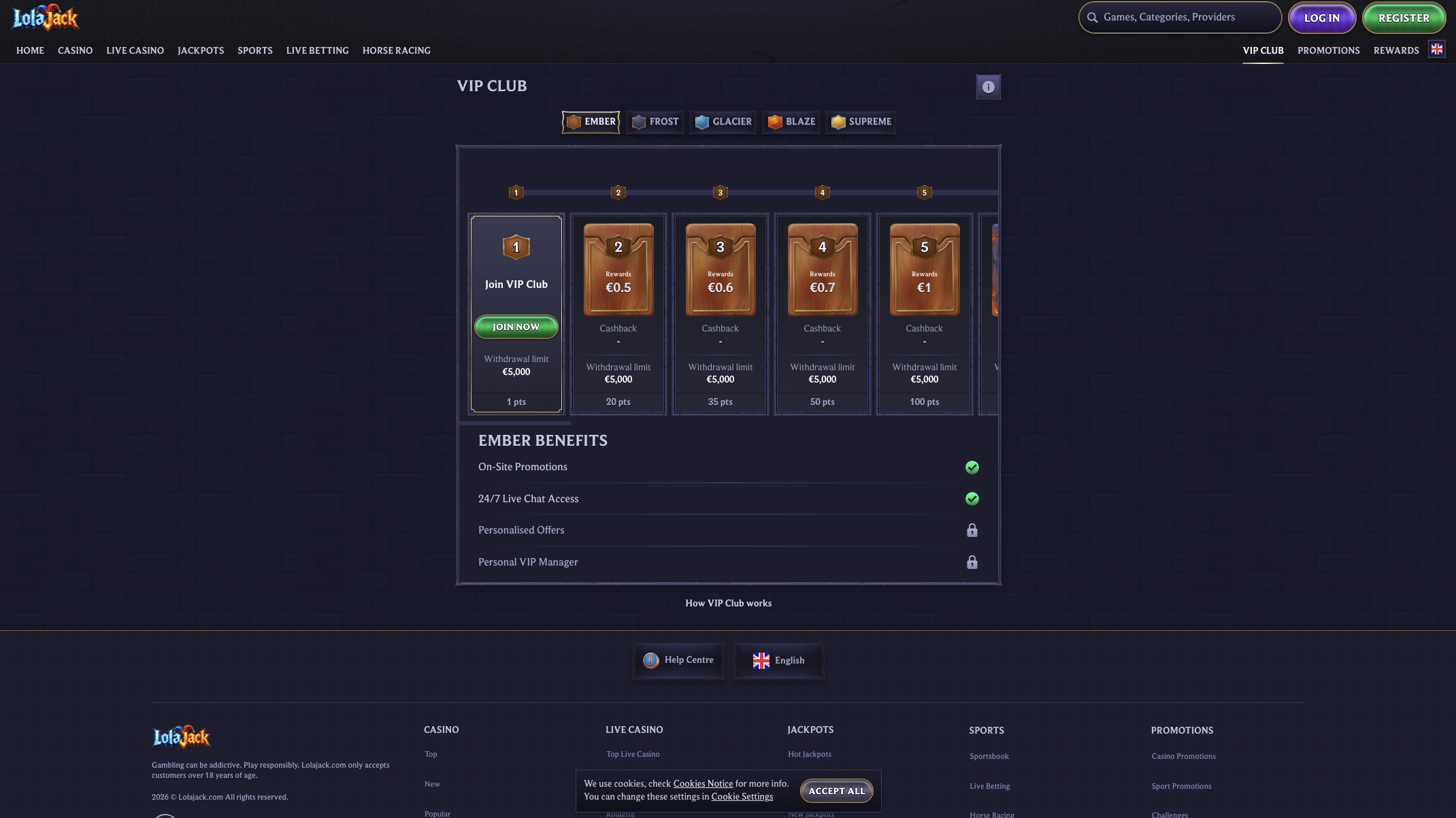 LolaJack Casino VIP ladder showing cashback and withdrawal limits by level
