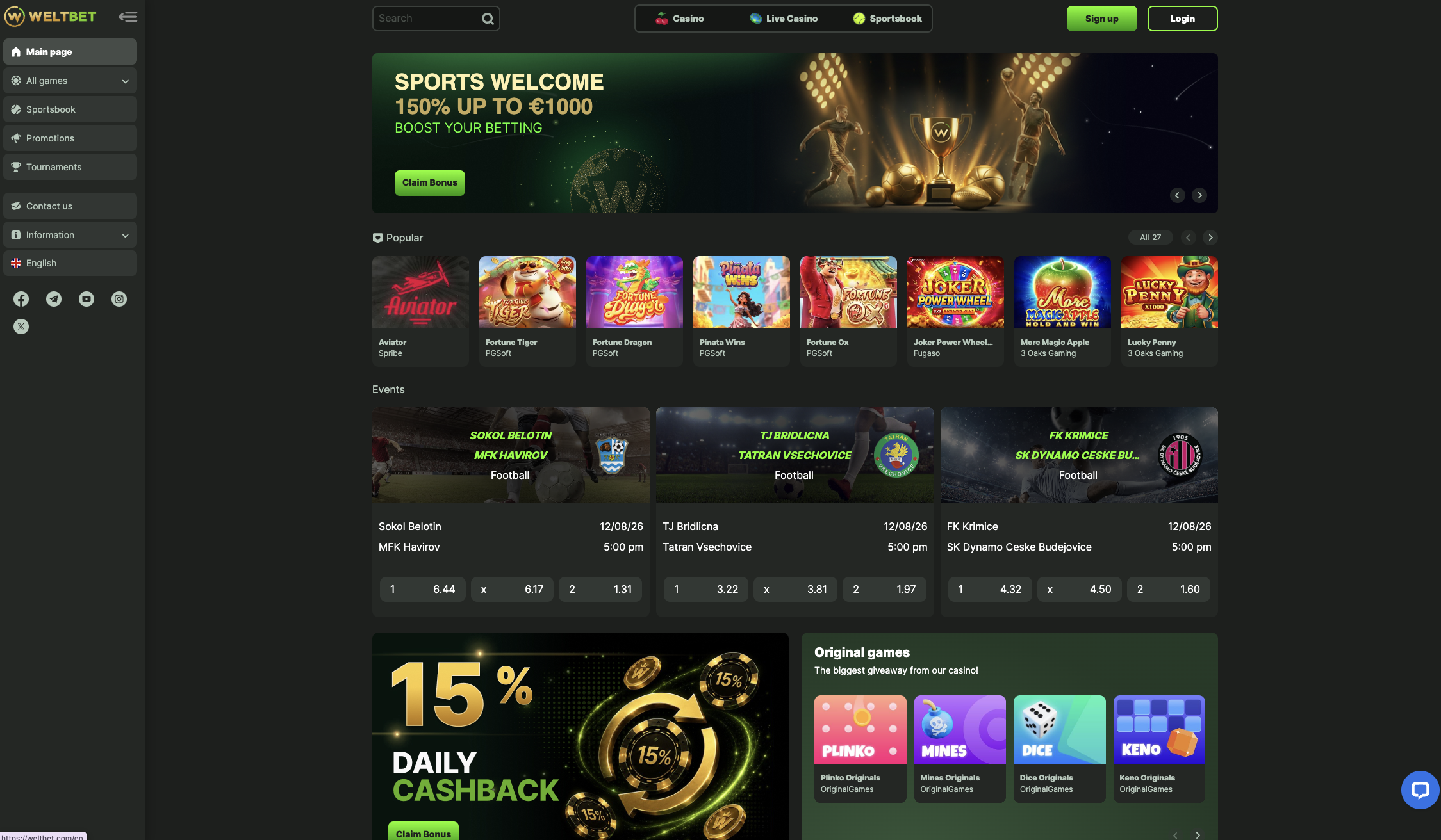 Weltbet Casino homepage with the sports welcome banner and the popular games row
