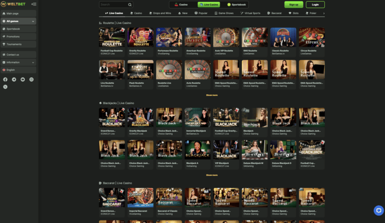 Live casino lobby with roulette, blackjack and baccarat tables from several studios