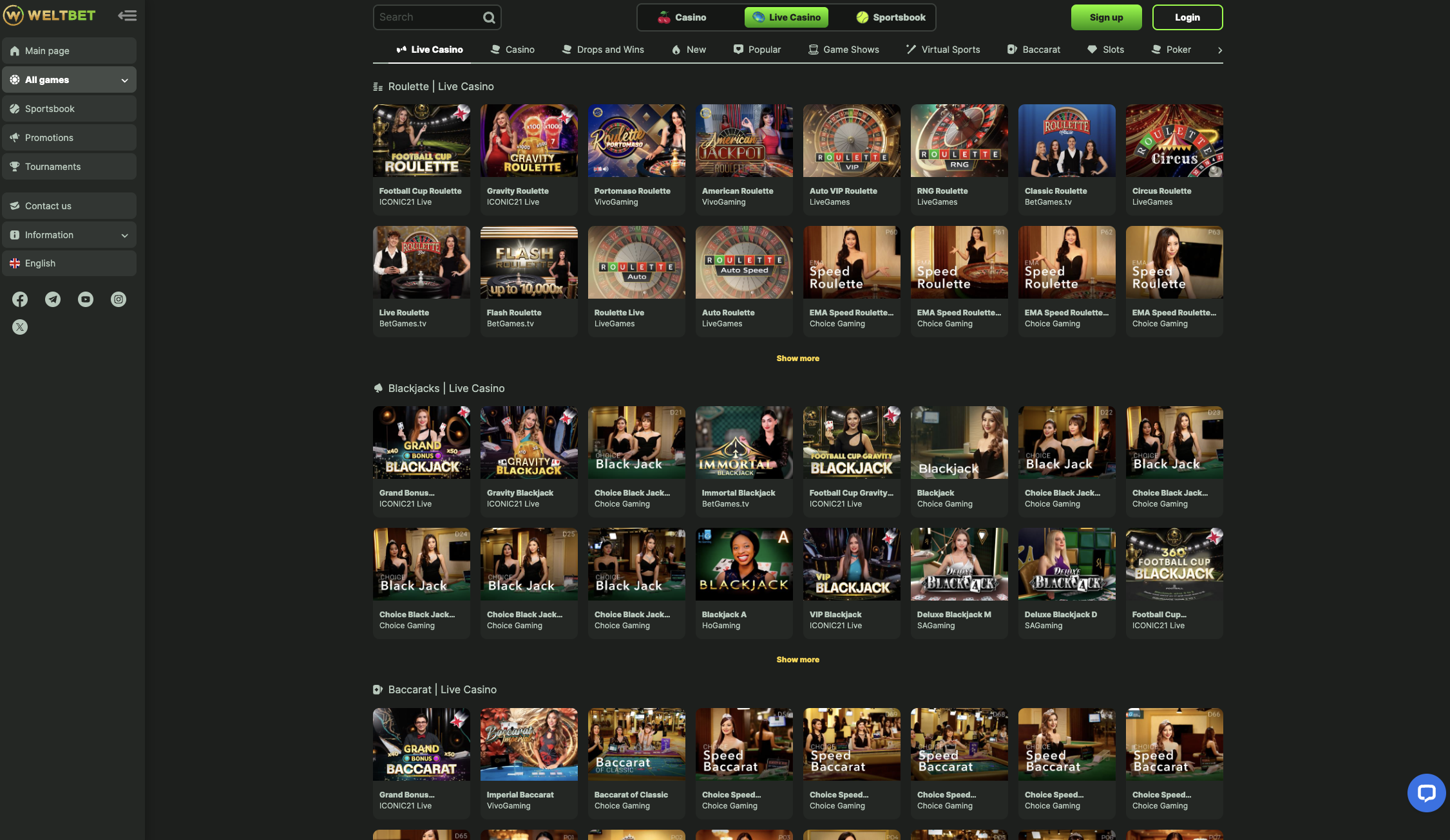 Live casino lobby with roulette, blackjack and baccarat tables from several studios