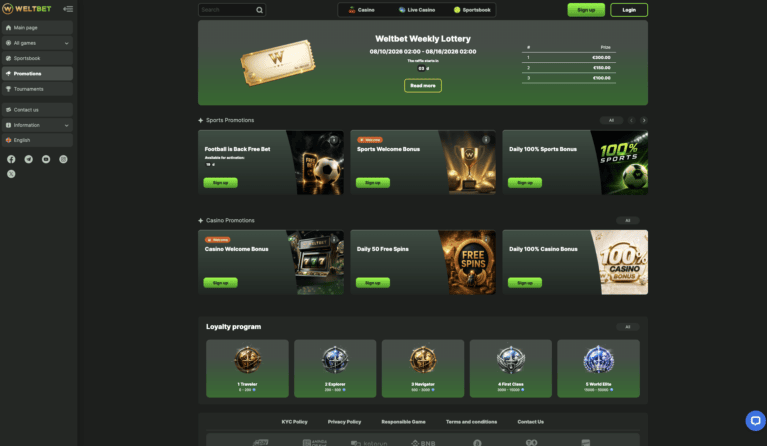 Promotions page showing the weekly lottery, sports and casino offers and the loyalty tiers