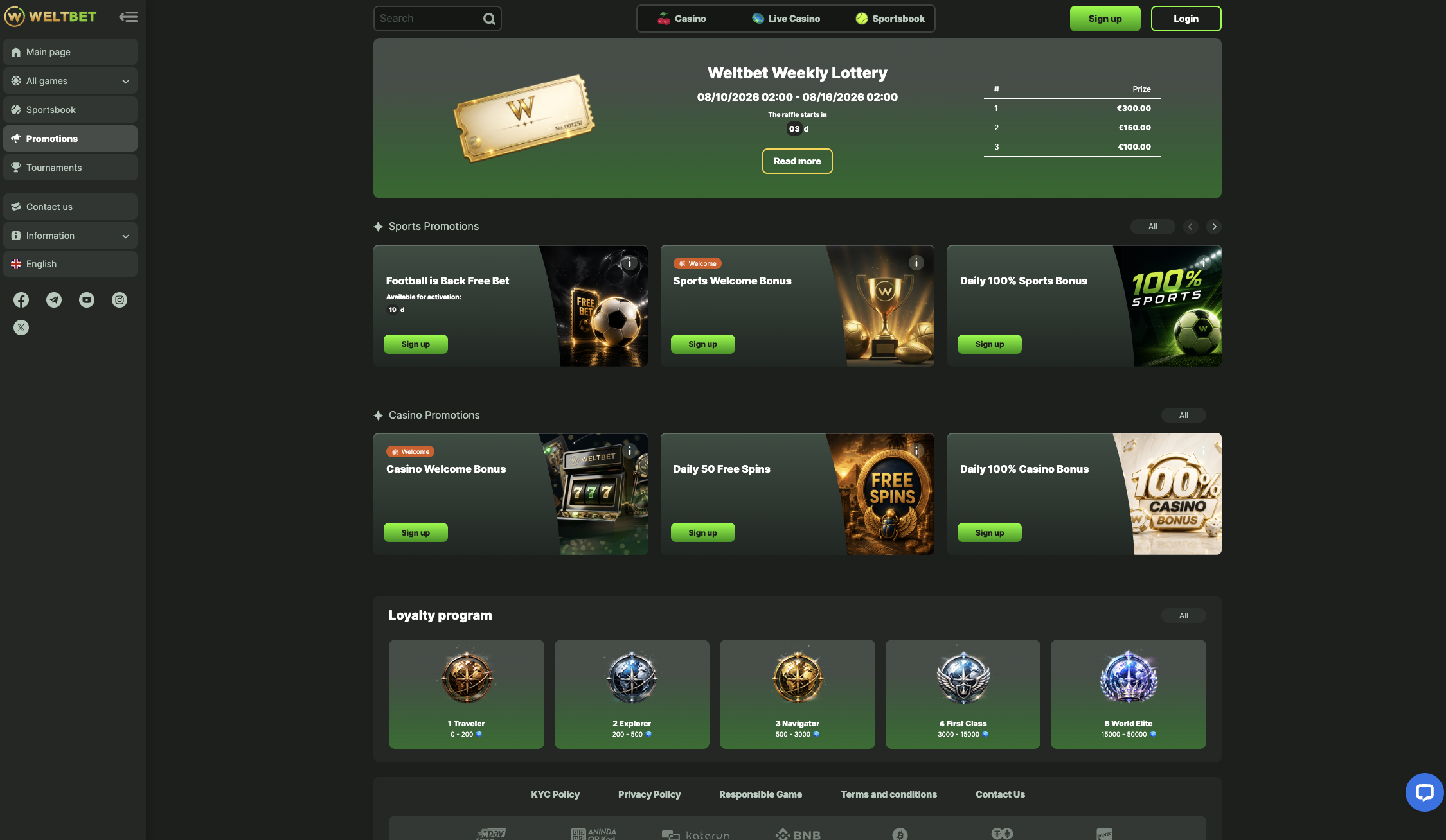 Promotions page showing the weekly lottery, sports and casino offers and the loyalty tiers