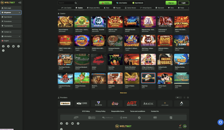 Casino lobby with slot thumbnails and the provider rail underneath
