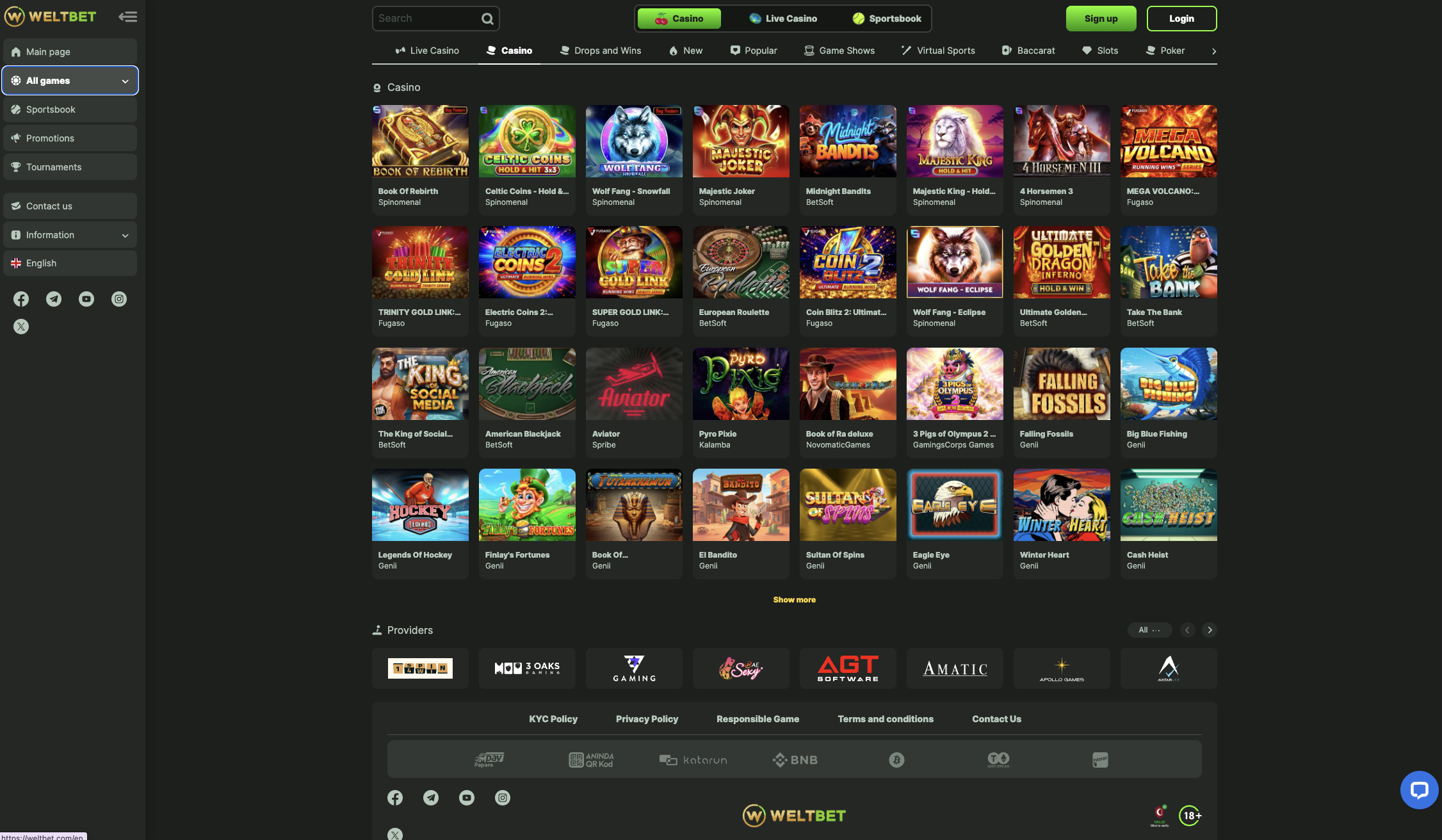 Casino lobby with slot thumbnails and the provider rail underneath