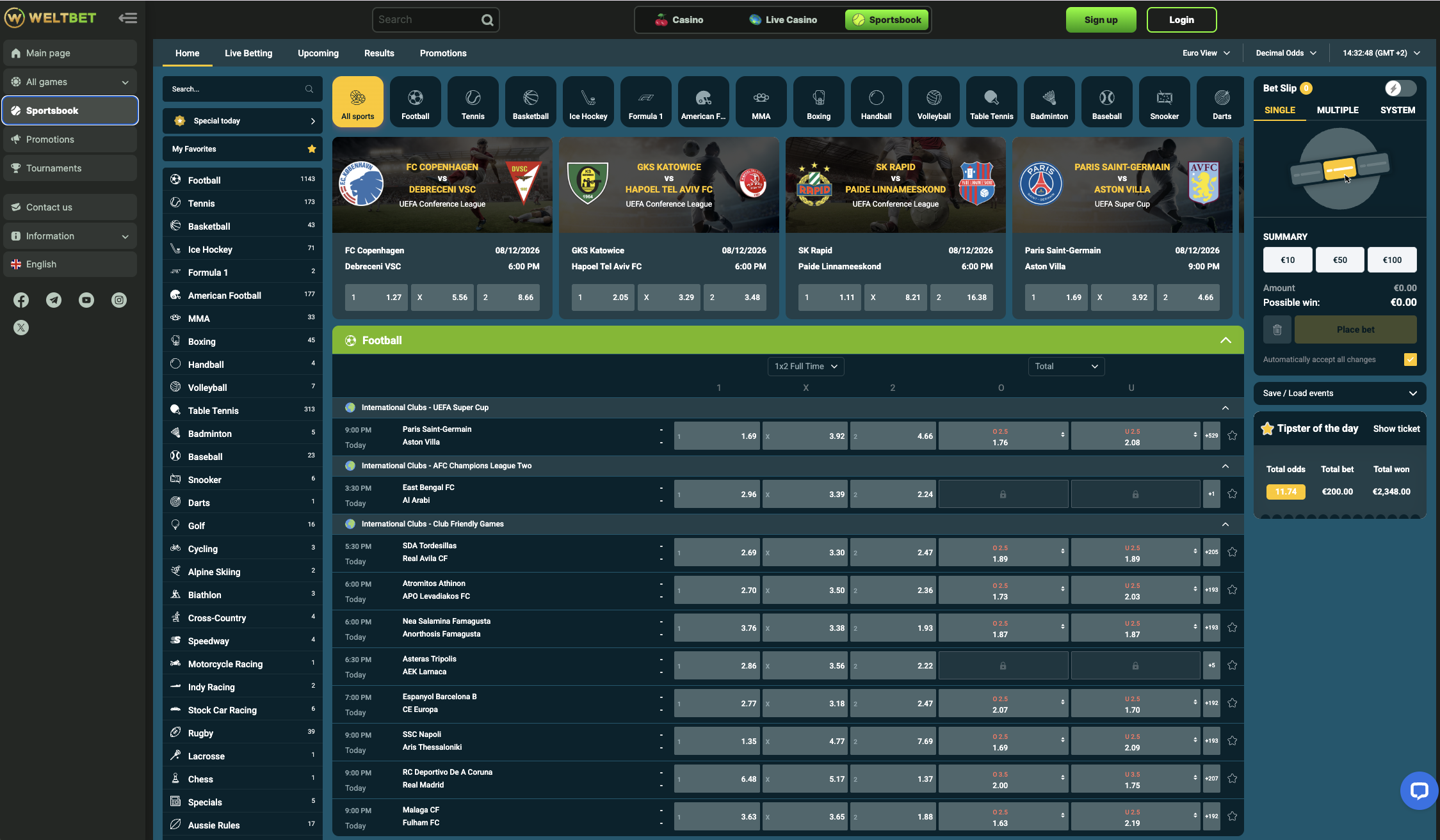 Sportsbook with football markets, decimal odds and the bet slip on the right
