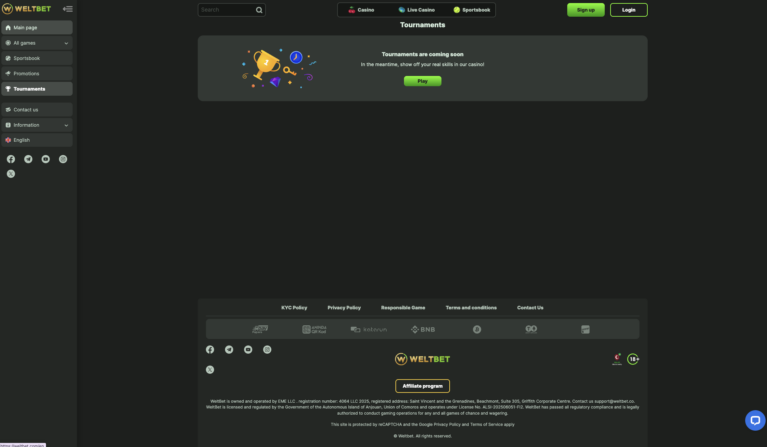 Weltbet Casino tournaments page showing the coming soon placeholder