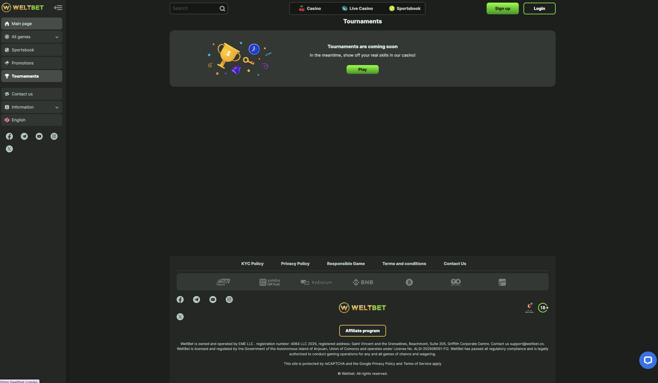 Weltbet Casino tournaments page showing the coming soon placeholder